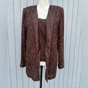 Vintage Stenay Brown Silk Beaded Two Piece Set